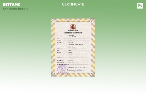 Модерен стил Шаблон за шаблон PSD од потврда за брак од Шпанија