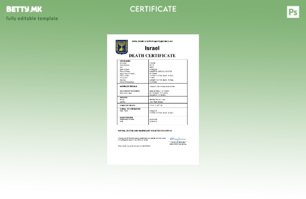Модерен стил израелски шаблон за уверение за смрт Word и PDF шаблон