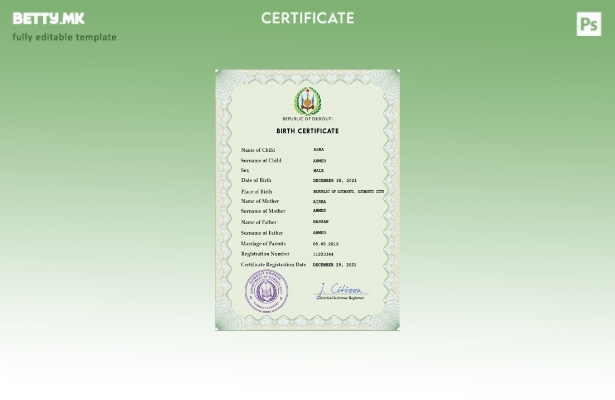 Модерен стил на Џибути, шаблон за ПСД од извод од матична книга на родените