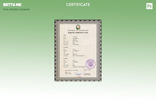 Модерен стил на Азербејџан шаблон за извод од матична книга на родени PSD шаблон