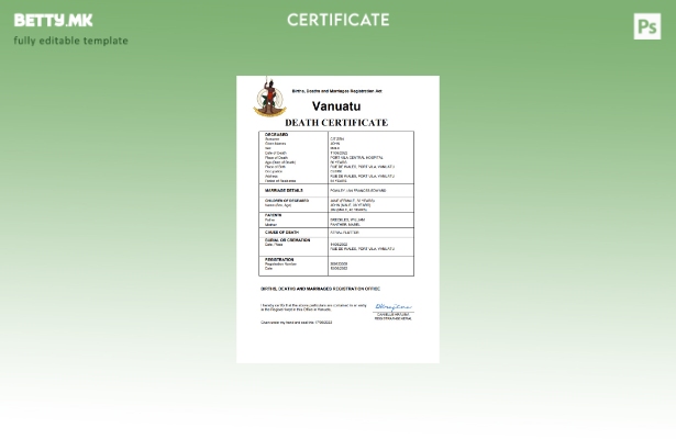 Модерен стил на Вануату шаблон за уверение за смрт Word и PDF шаблон