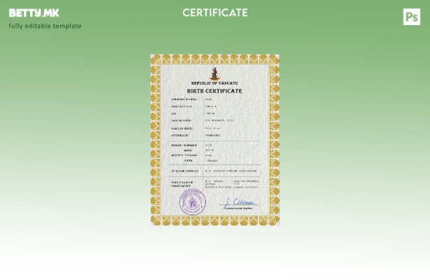 Модерен стил на Вануату, шаблон за шаблон PSD од извод од матична книга на роден