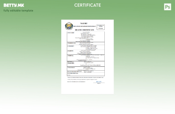 Модерен стил на Науру Уверение за смрт Шаблон за Word и PDF шаблон