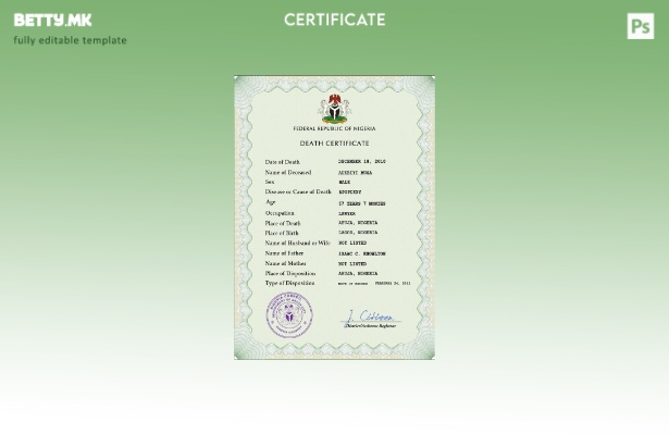 Модерен стил на Нигерија, шаблон за PSD сертификат за смрт од витално значење за