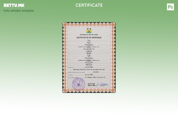 Модерен стил на Сиера Леоне, шаблон за PSD, шаблон за потврда за брак