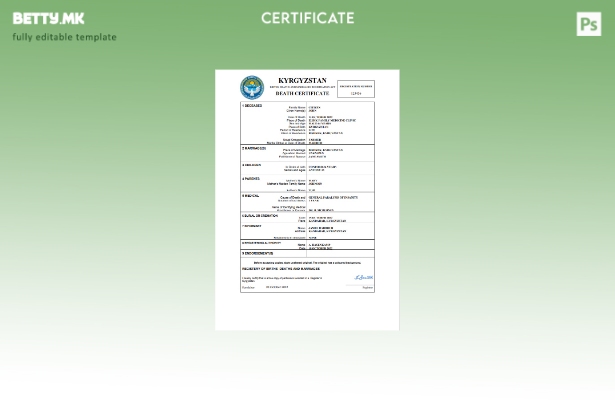 Модерен стил на уверение за смрт во Киргистан Шаблон за Word и PDF шаблон