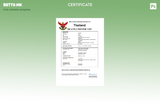 Модерен стил тајландски шаблон за уверение за смрт Word и PDF шаблон