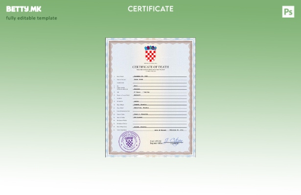 Модерен стил шаблон за ПСД од потврда за смрт на Хрватска