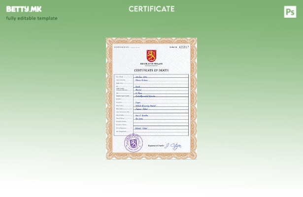 Модерен стил шаблон за ПСД од потврда за смрт од Финска