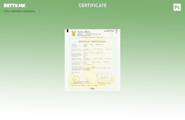 Модерен стил шаблон за потврда за брак во Јужна Африка во шаблон за формат PSD