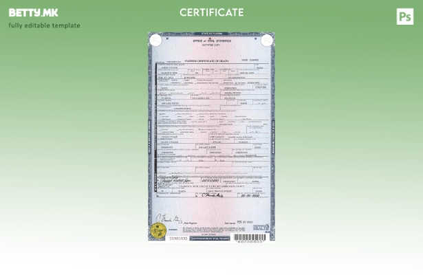 Модерен стил шаблон за уверение за смрт на државата Флорида во САД во шаблон за