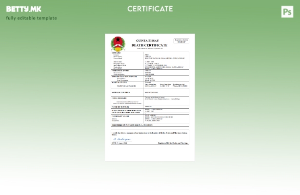 Модерен стил шаблон за уверение за смрт од Гвинеја Бисао