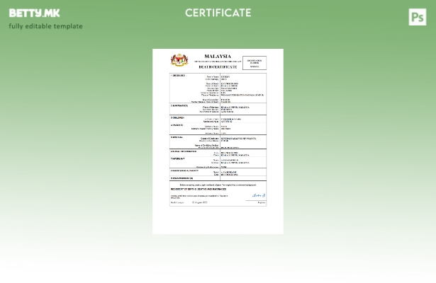 Модерен стил шаблон за уверение за смрт од Малезија во формат Word и PDF