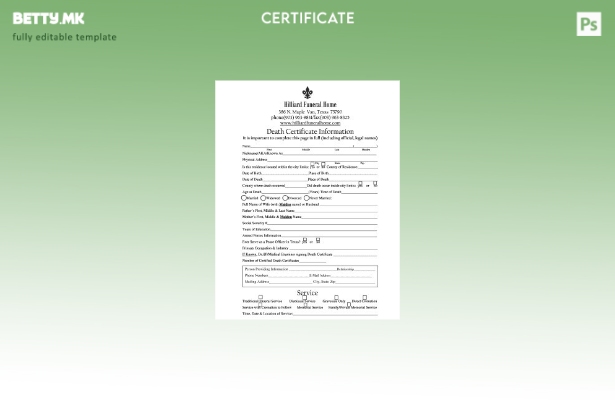 Модерен стил шаблон за уверение за смрт од погребната куќа Хилиард во САД