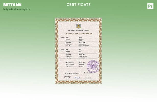 Модерен стил шаблон за PSD сертификат за брак од Јужен Судан