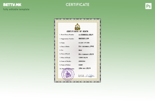 Модерен стил шаблон за PSD сертификат за смрт од Хондурас