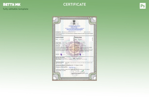 Модерен стил, шаблон за потврда за брак во Индија во формат PSD, целосно уредлив