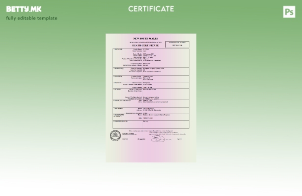 Модерен стил, шаблон за потврда за смрт во Австралија Нов Јужен Велс во формат W