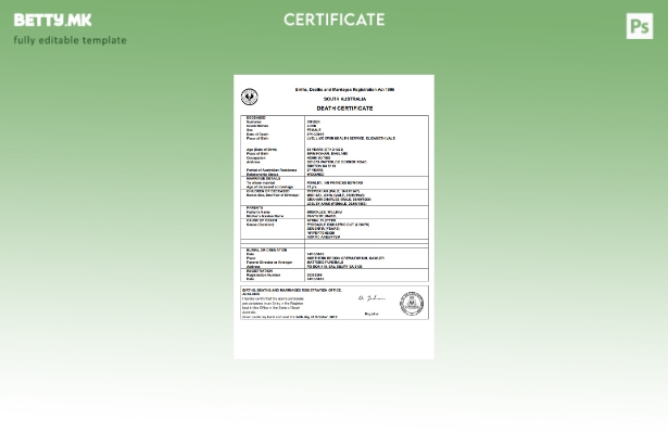 Модерен стил, шаблон за уверение за смрт во Австралија Јужна Австралија во шабло