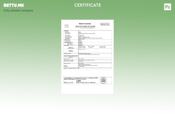 Модерен стил, шаблон за уверение за смрт во Австралија Западна Австралија во шаб