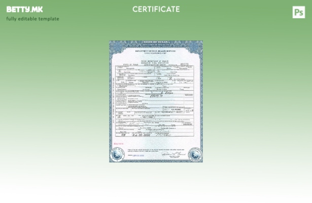 Модерен стил, шаблон за уверение за смрт од државата Тексас во САД во формат PSD