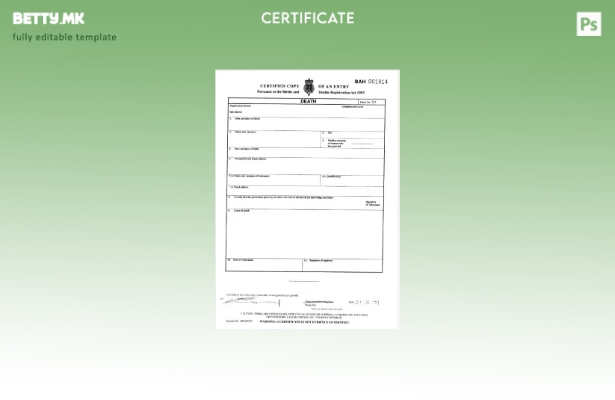 Модерен стил, шаблон за уверение за смрт, генерален регистар на Лондон во Англиј