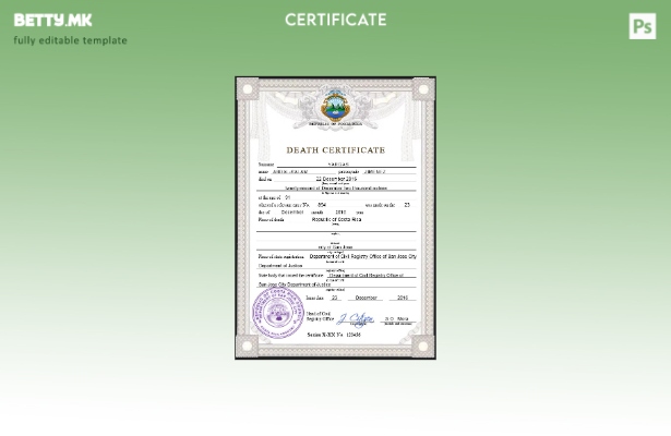 Модерен стил, шаблон за шаблон PSD од потврда за смрт од Костарика