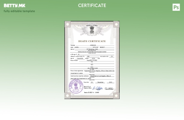 Модерен стил, шаблон PSD, шаблон од сертификат за смрт во Индија