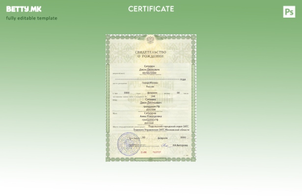 Шаблон извод од матична книга на родените во Русија во модерен стил (Свидетельст