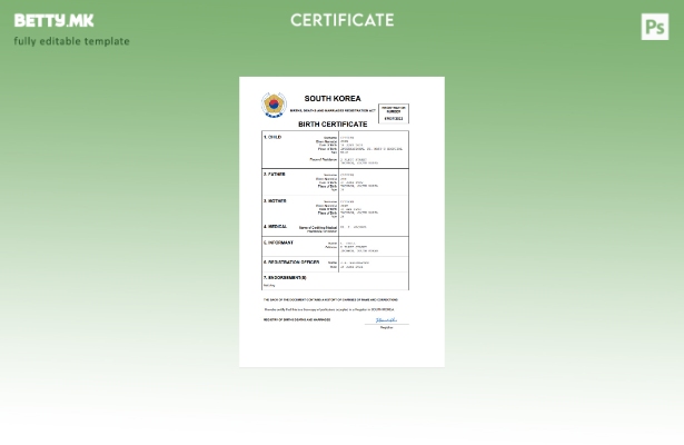 модерен стил Јужнокорејски извод од матична книга на родени Шаблон за Word и PDF