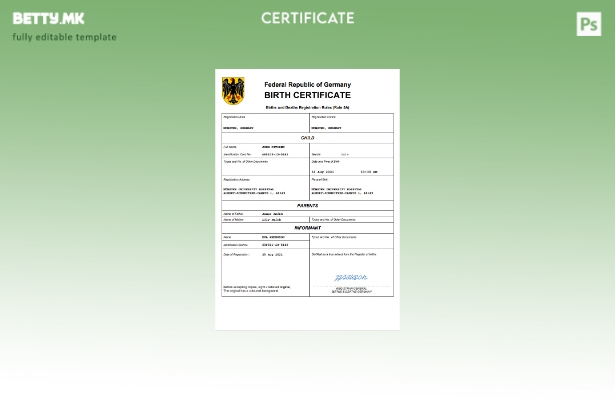 модерен стил Германија извод од матична книга на родени Шаблон Word и PDF шаблон