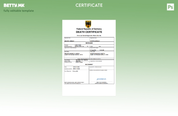 модерен стил Германија уверение за смрт Шаблон Word и PDF шаблон