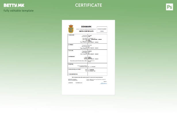 модерен стил Данска од витално значење за извод од матична книга на родени Шабло