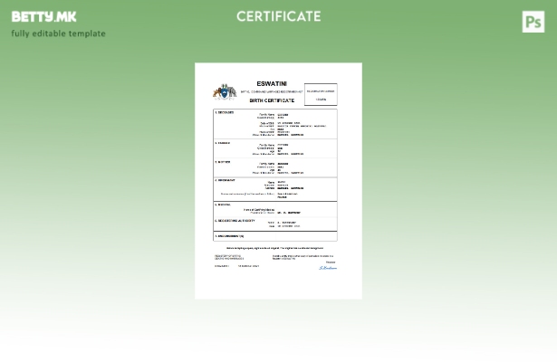 модерен стил Есватини извод од матична книга на родени Шаблон за Word и PDF