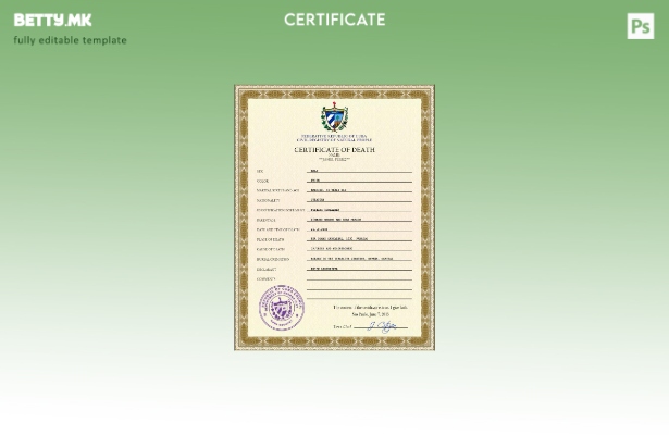 модерен стил Кубански шаблон за PSD сертификат за смртен рекорд од витално значе