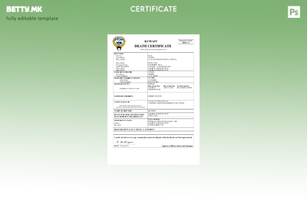 модерен стил Кувајтски сертификат за смрт Шаблон за Word и PDF