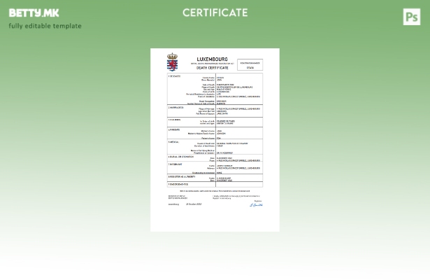 модерен стил Луксембург уверение за смрт Шаблон за Word и PDF шаблон