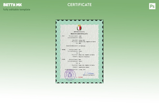 модерен стил Малта витален рекорд извод од матична книга на родените ПСД шабло