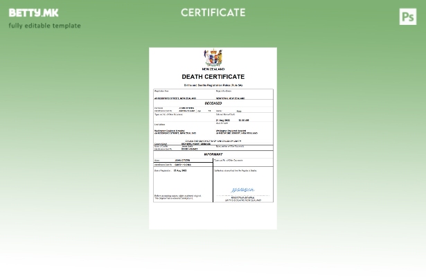 модерен стил Нов Зеланд сертификат за смрт Шаблон за Word и PDF