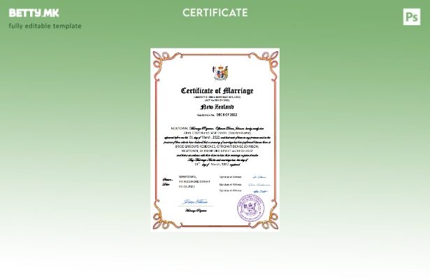 модерен стил Новозеландски сертификат за брак Шаблон за Word и PDF