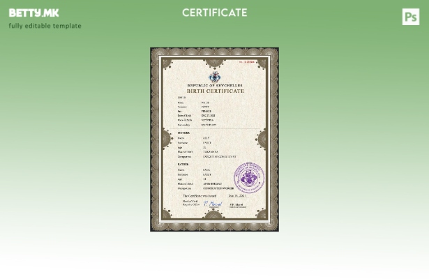 модерен стил Сејшелските витални записи од матичната книга на родените шаблон PS