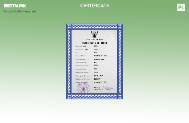 модерен стил Судан витален рекорд извод од матичната книга на родените ПСД шабло