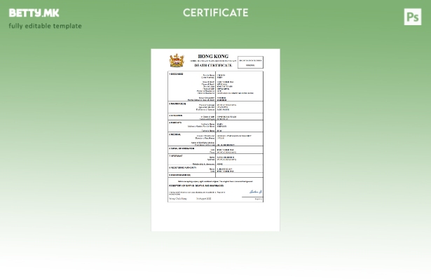 модерен стил Уверение за смрт во Хонг Конг Шаблон Word и PDF, шаблон