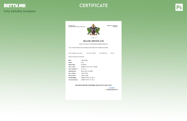 модерен стил Уверение за смрт на Света Луција Шаблон за Word и PDF шаблон