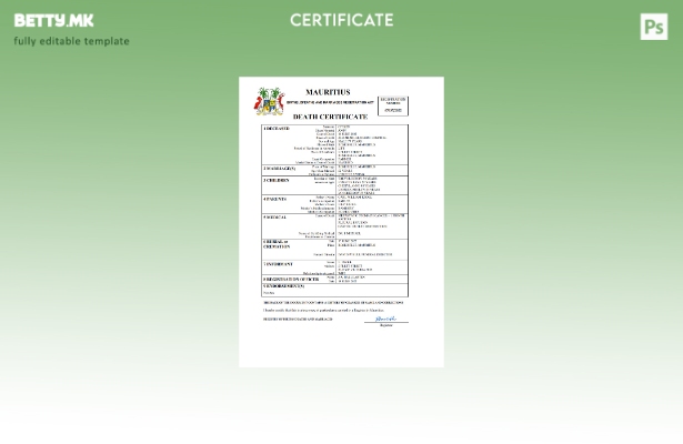 модерен стил Уверение за смрт од Маурициус Шаблон Word и PDF, целосно уредлив ша