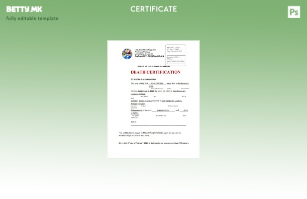 модерен стил Филипинската општина Лауа, шаблон за уверение за смрт од Канцелариј