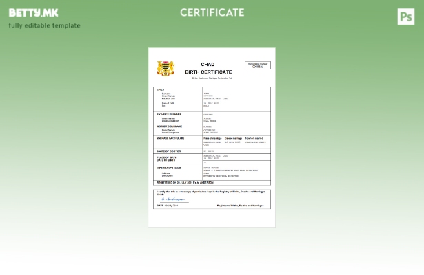 модерен стил Чад извод од матична книга на родени Шаблон Word и PDF шаблон