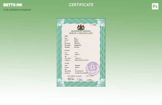 модерен стил Шаблон за PSD извод од матична книга на родените од Лесото