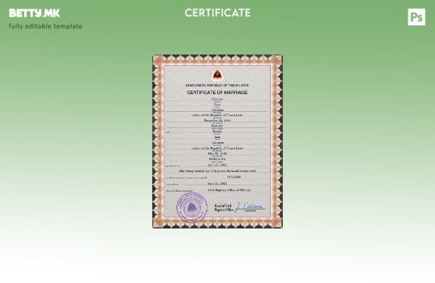 модерен стил Шаблон за PSD сертификат за брак од Тимор источниот дел