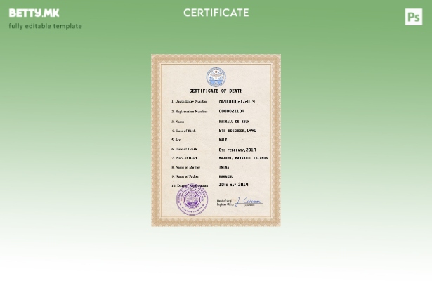модерен стил Шаблон за PSD сертификат за смрт на Маршалските Острови